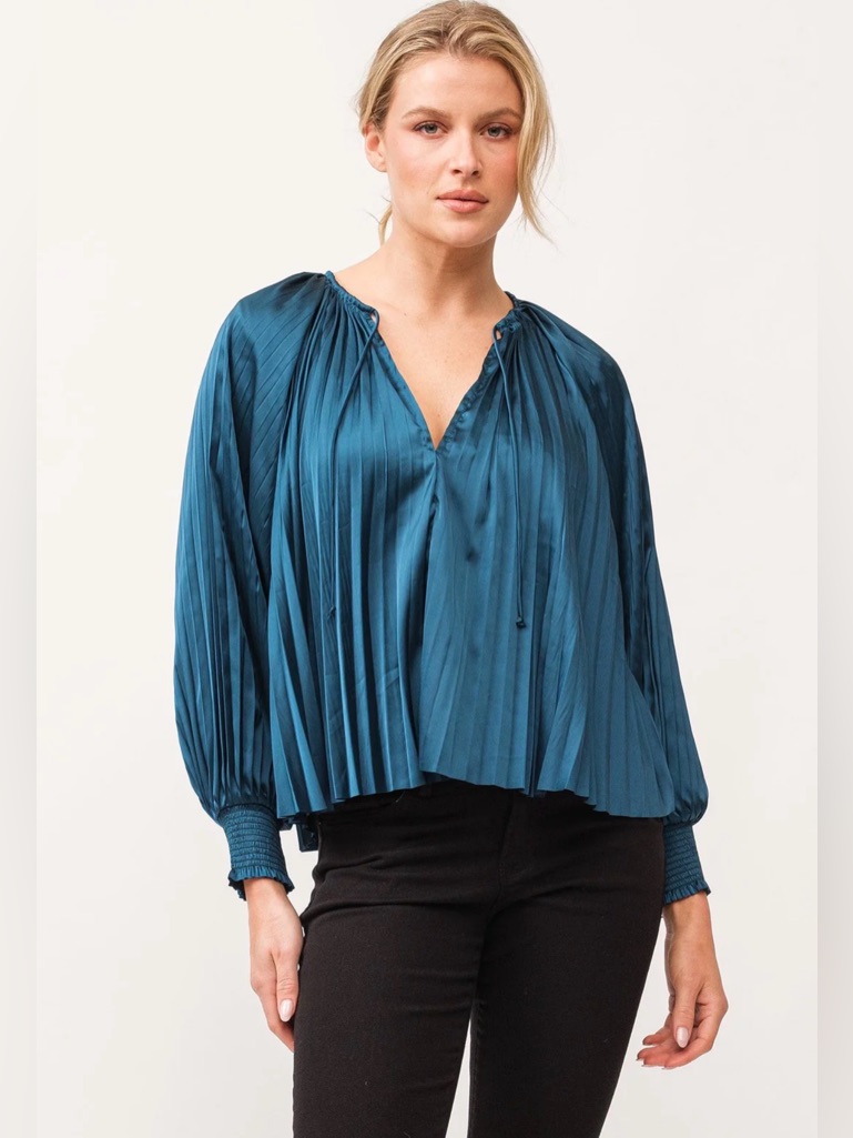 Dear John Teal Pleated V-Neck Blouse With Smocked Cuffs